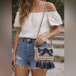 America & Beyond Navy and Beige Woven Crossbody Boho Hippie Bag Shoulder Purse